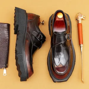 Top Layer Cowhide Men's Leather Shoes Casual Leather Shoes Men's Genuine Leather England Style Business Formal Wear Buckle Monk Shoes Platform Height Increasing Shoes23676