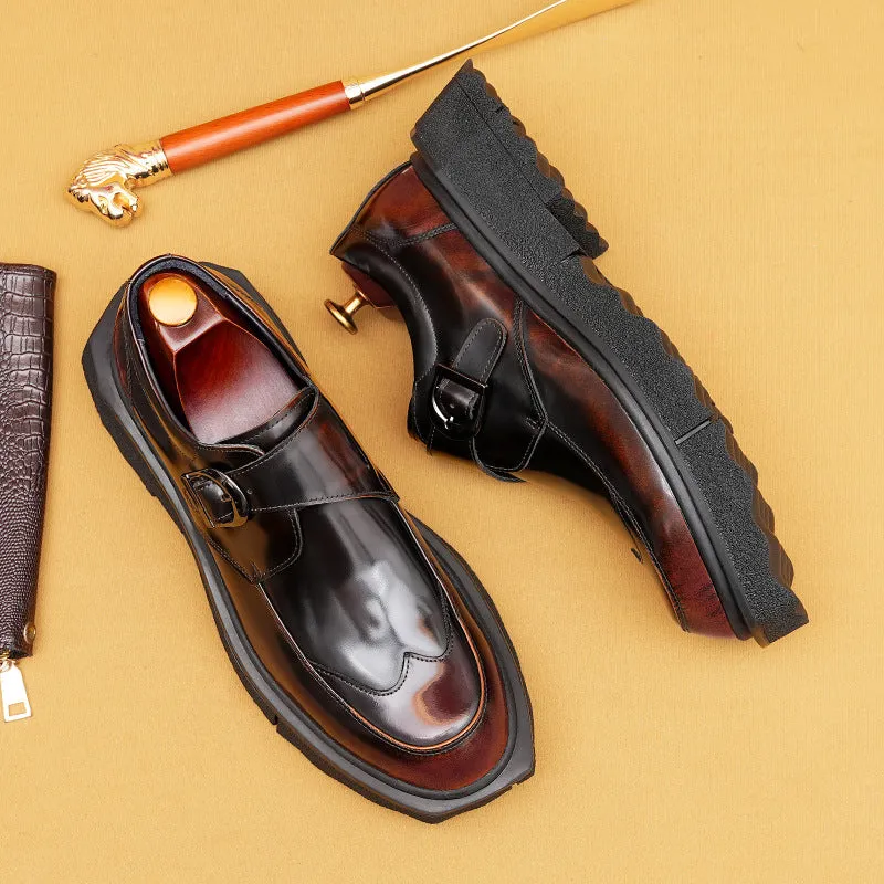 Top Layer Cowhide Men's Leather Shoes Casual Leather Shoes Men's Genuine Leather England Style Business Formal Wear Buckle Monk Shoes Platform Height Increasing Shoes23676