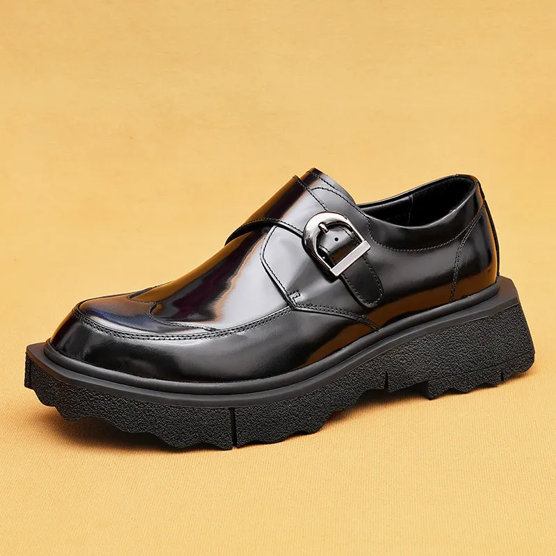 Top Layer Cowhide Men's Leather Shoes Casual Leather Shoes Men's Genuine Leather England Style Business Formal Wear Buckle Monk Shoes Platform Height Increasing Shoes23676