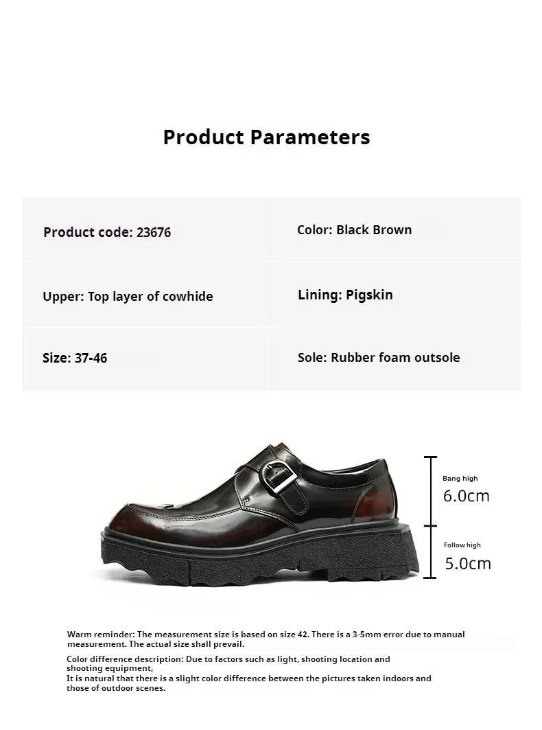 Top Layer Cowhide Men's Leather Shoes Casual Leather Shoes Men's Genuine Leather England Style Business Formal Wear Buckle Monk Shoes Platform Height Increasing Shoes23676