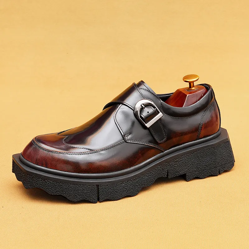 Top Layer Cowhide Men's Leather Shoes Casual Leather Shoes Men's Genuine Leather England Style Business Formal Wear Buckle Monk Shoes Platform Height Increasing Shoes23676