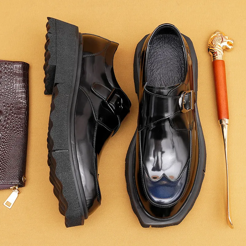 Top Layer Cowhide Men's Leather Shoes Casual Leather Shoes Men's Genuine Leather England Style Business Formal Wear Buckle Monk Shoes Platform Height Increasing Shoes23676