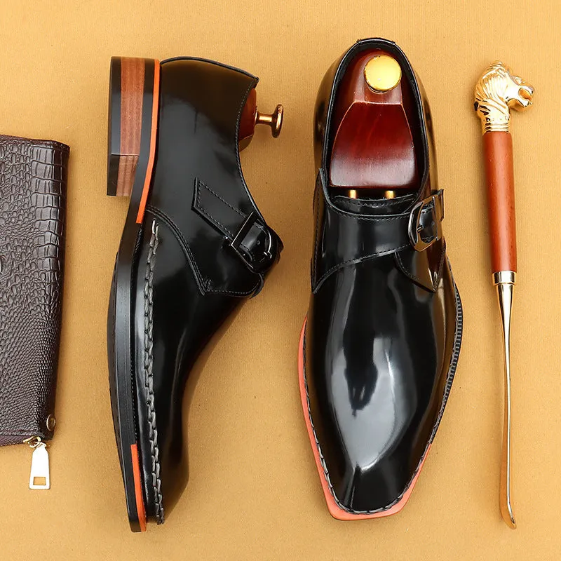 Top Layer Cowhide Men's Leather Shoes Monk Shoes Leather Shoes High-Grade Patent Leather Glossy Men's Shoes British Buckle Business Casual Formal Wear23688