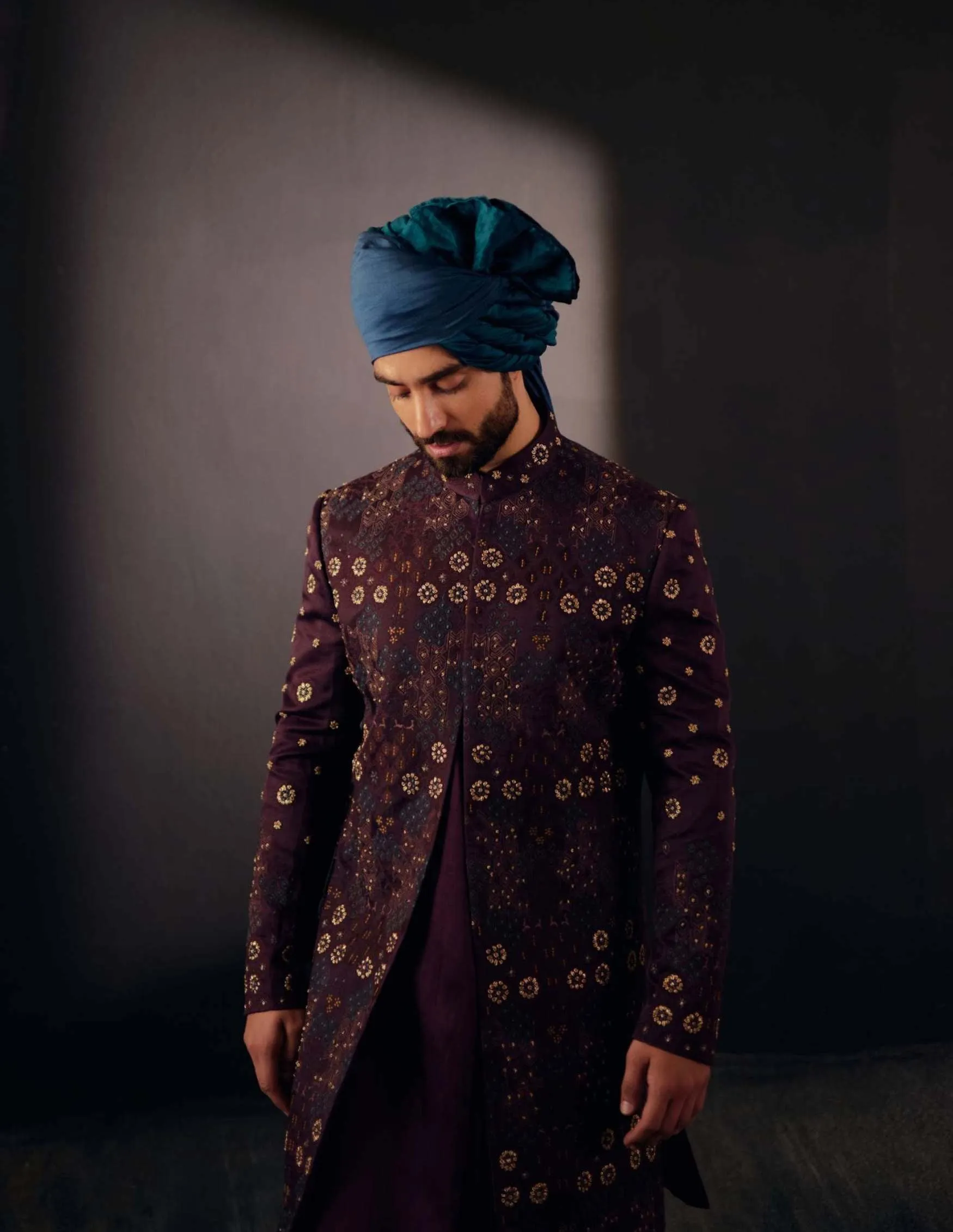 Wine Jamawar Sherwani Set