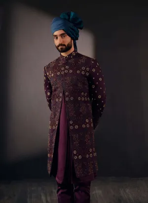 Wine Jamawar Sherwani Set