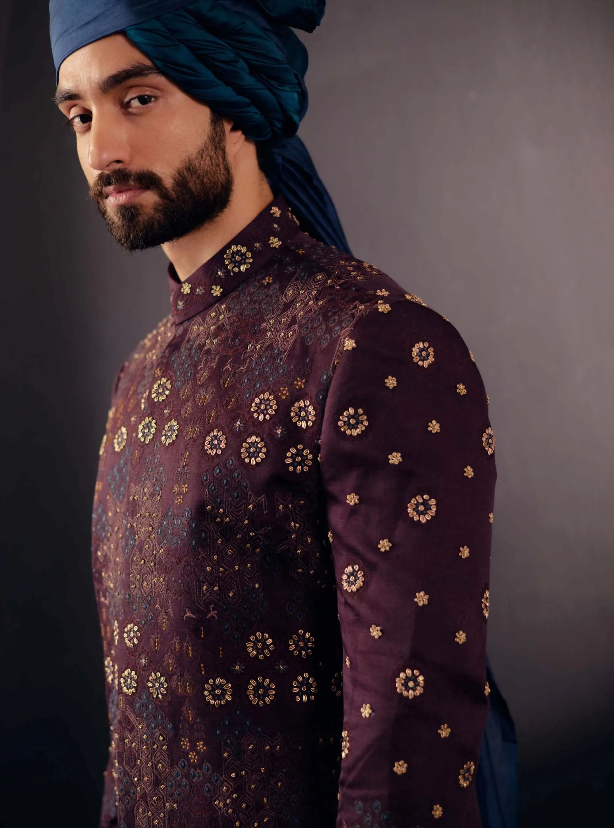 Wine Jamawar Sherwani Set
