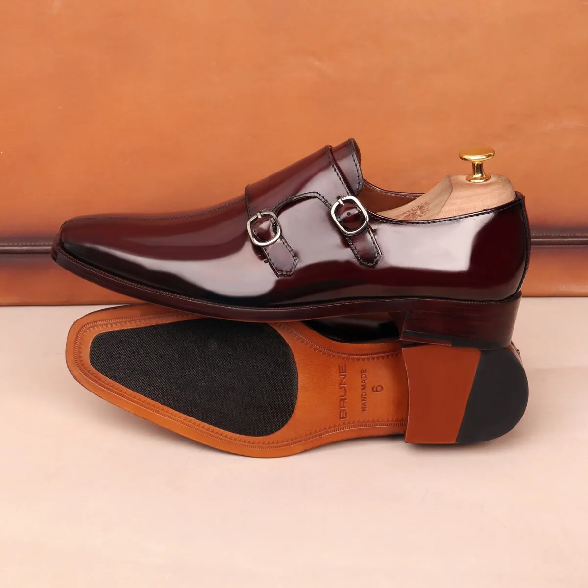 Wine Sleek Apron Toe Slip-On Shoes Double Monk Patent Leather