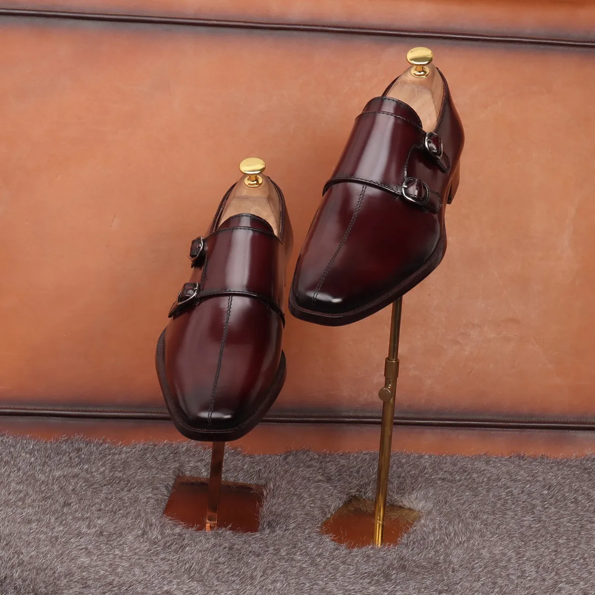 Wine Sleek Apron Toe Slip-On Shoes Double Monk Patent Leather