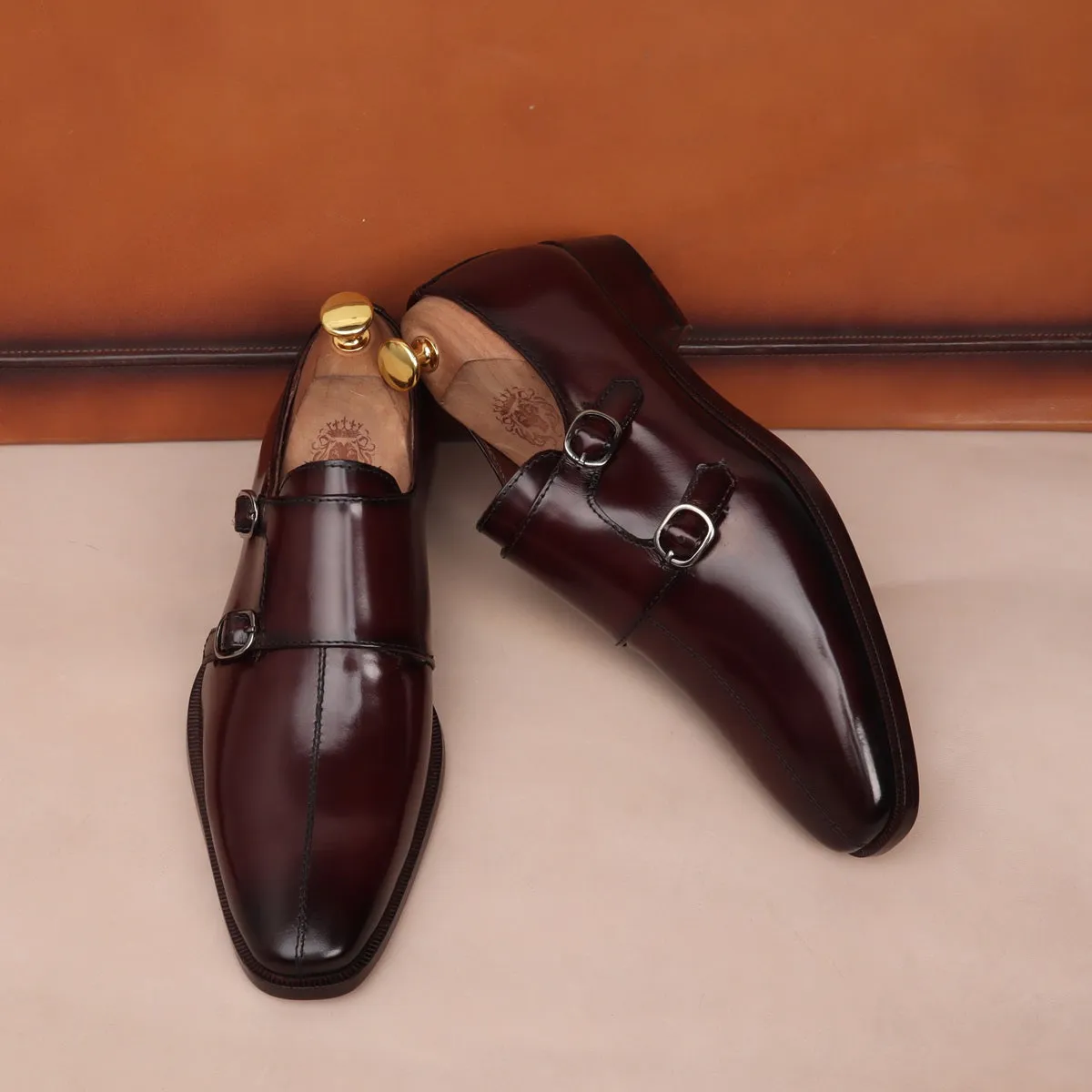 Wine Sleek Apron Toe Slip-On Shoes Double Monk Patent Leather