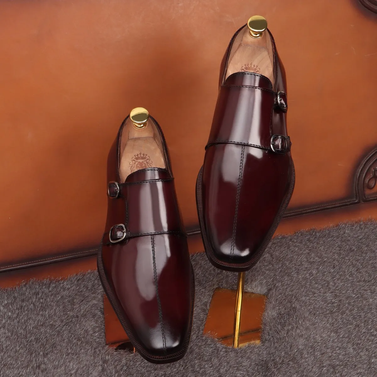 Wine Sleek Apron Toe Slip-On Shoes Double Monk Patent Leather