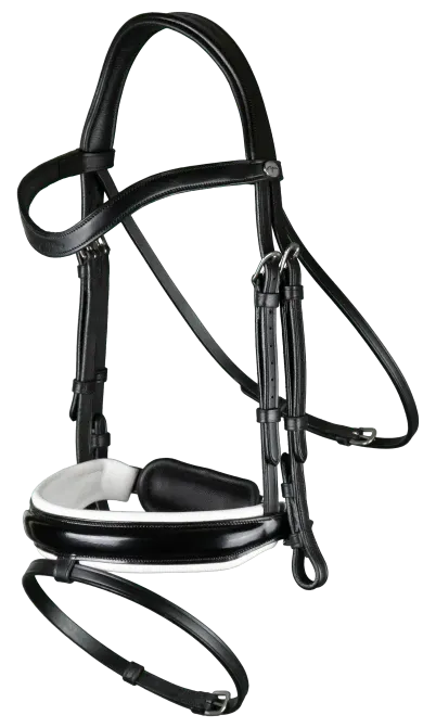 Working Patent Large Crank Noseband Bridle with White Padding and Flash - Black