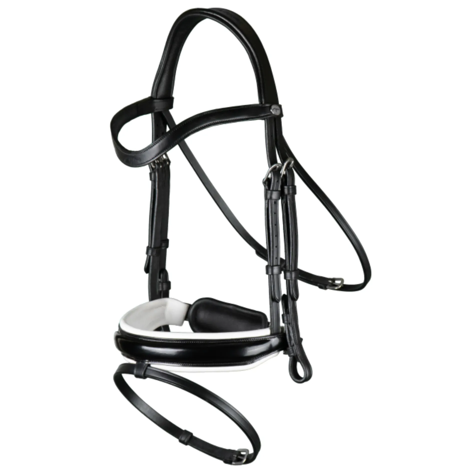 Working Patent Large Crank Noseband Bridle with White Padding and Flash - Black