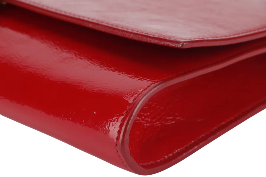 YVES SAINT LAURENT (YSL) BELLE DE JOUR CLUTCH (203855 467891) RED PATENT LEATHER & GOLD HARDWARE WITH DUST COVER