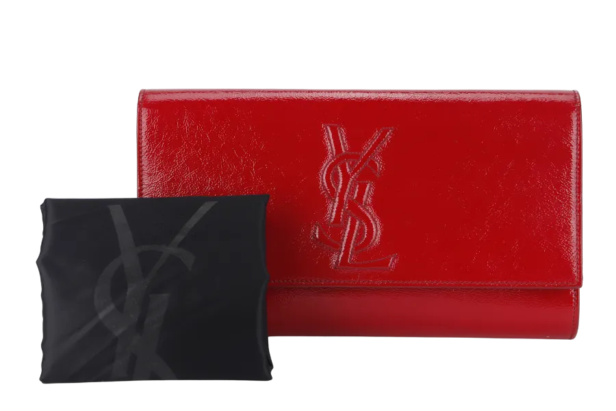 YVES SAINT LAURENT (YSL) BELLE DE JOUR CLUTCH (203855 467891) RED PATENT LEATHER & GOLD HARDWARE WITH DUST COVER