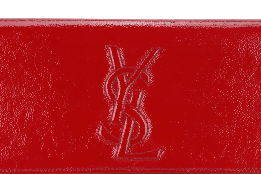 YVES SAINT LAURENT (YSL) BELLE DE JOUR CLUTCH (203855 467891) RED PATENT LEATHER & GOLD HARDWARE WITH DUST COVER