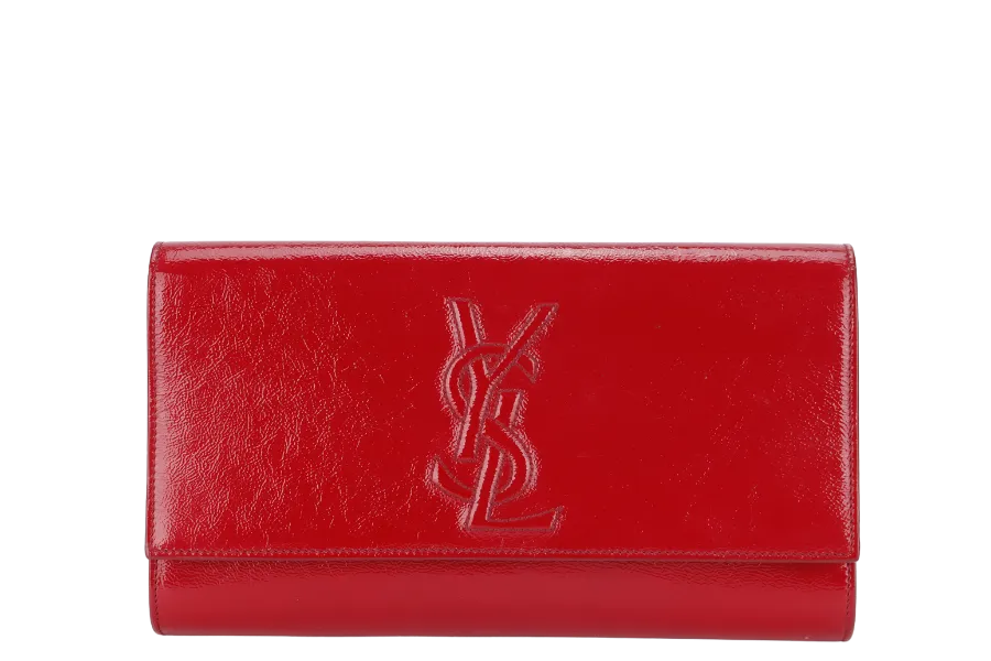 YVES SAINT LAURENT (YSL) BELLE DE JOUR CLUTCH (203855 467891) RED PATENT LEATHER & GOLD HARDWARE WITH DUST COVER